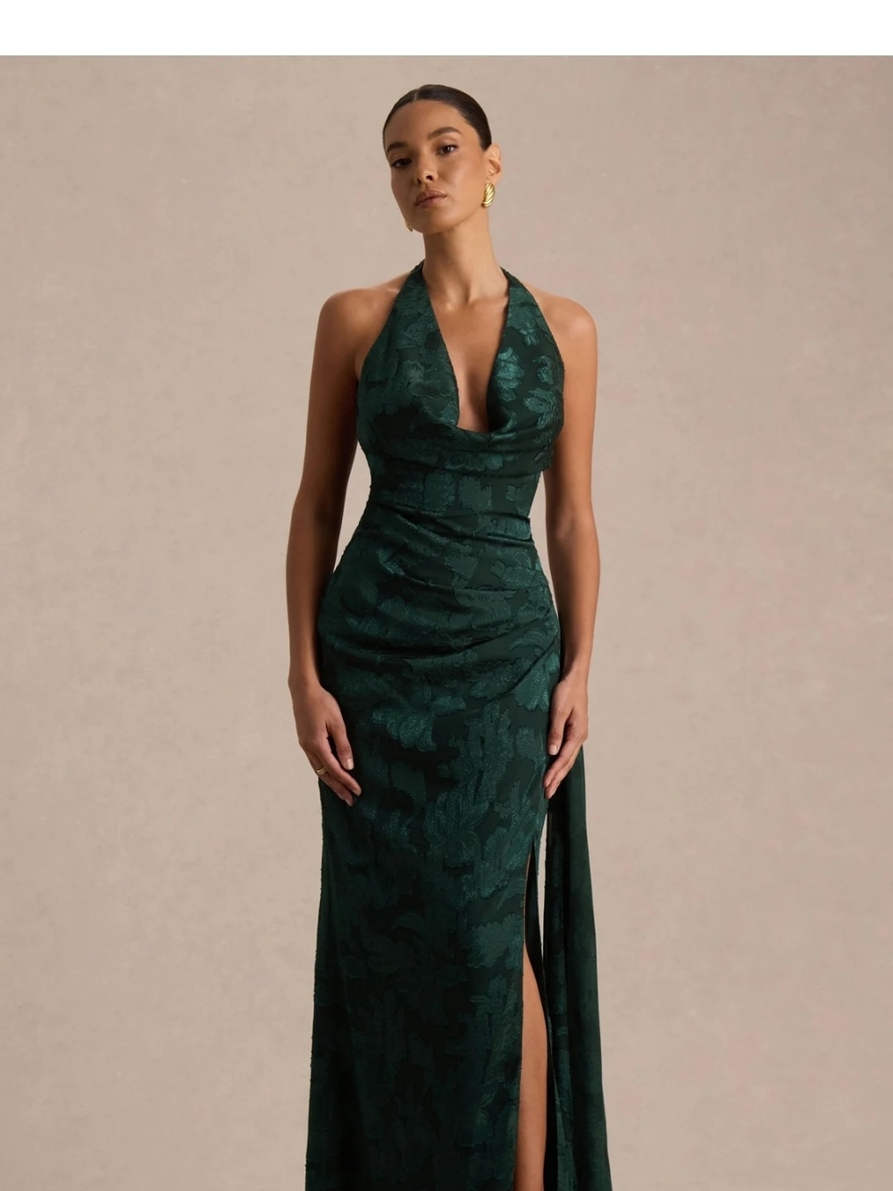 Club L London Emerald Halter Jacquard Evening Gown